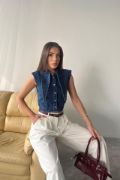 Mavi Yaka Detaylı Denim Crop resmi